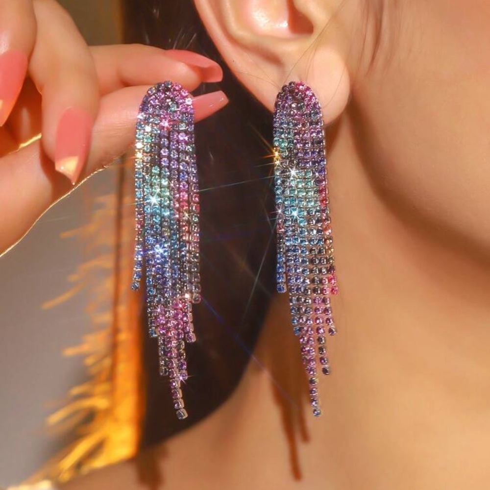 Nightclub Party Tassel Crystal Earring Stud For Women 1Pair